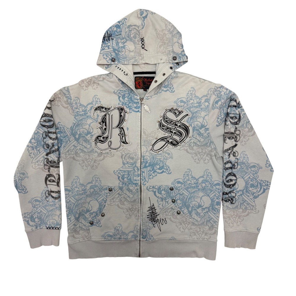 Vintage Y2K Rebel Spirit Hoodie Zip Skull Graphic Studs Grunge Streetwear 3XL